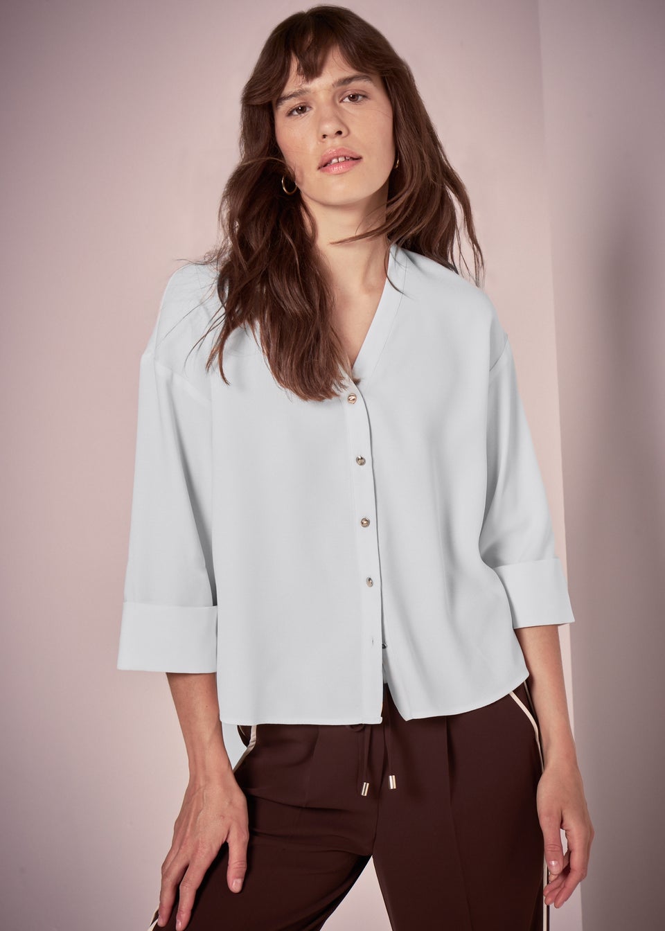 Et Vous Ivory Button V Neck Blouse