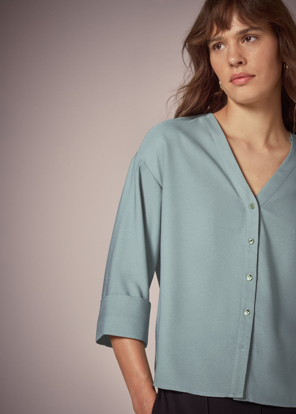 Et Vous Sage Button Front V Neck Blouse