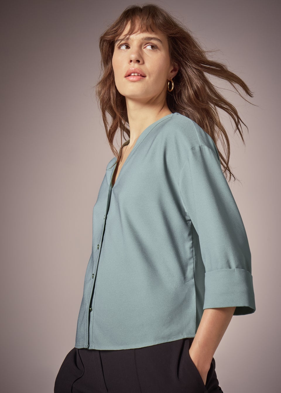 Et Vous Sage Button Front V Neck Blouse