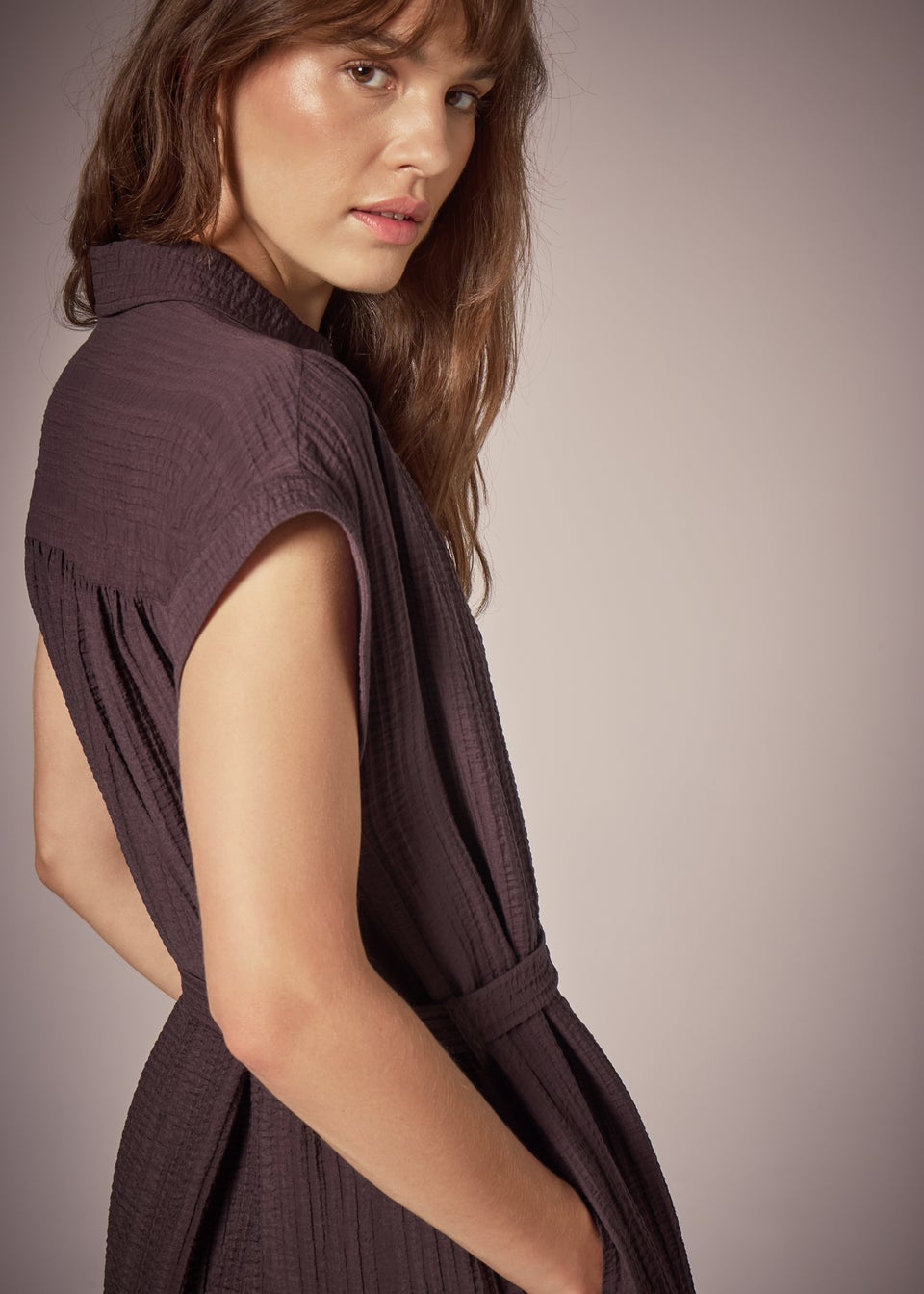 Et Vous Brown Textured Midi Shirt Dress