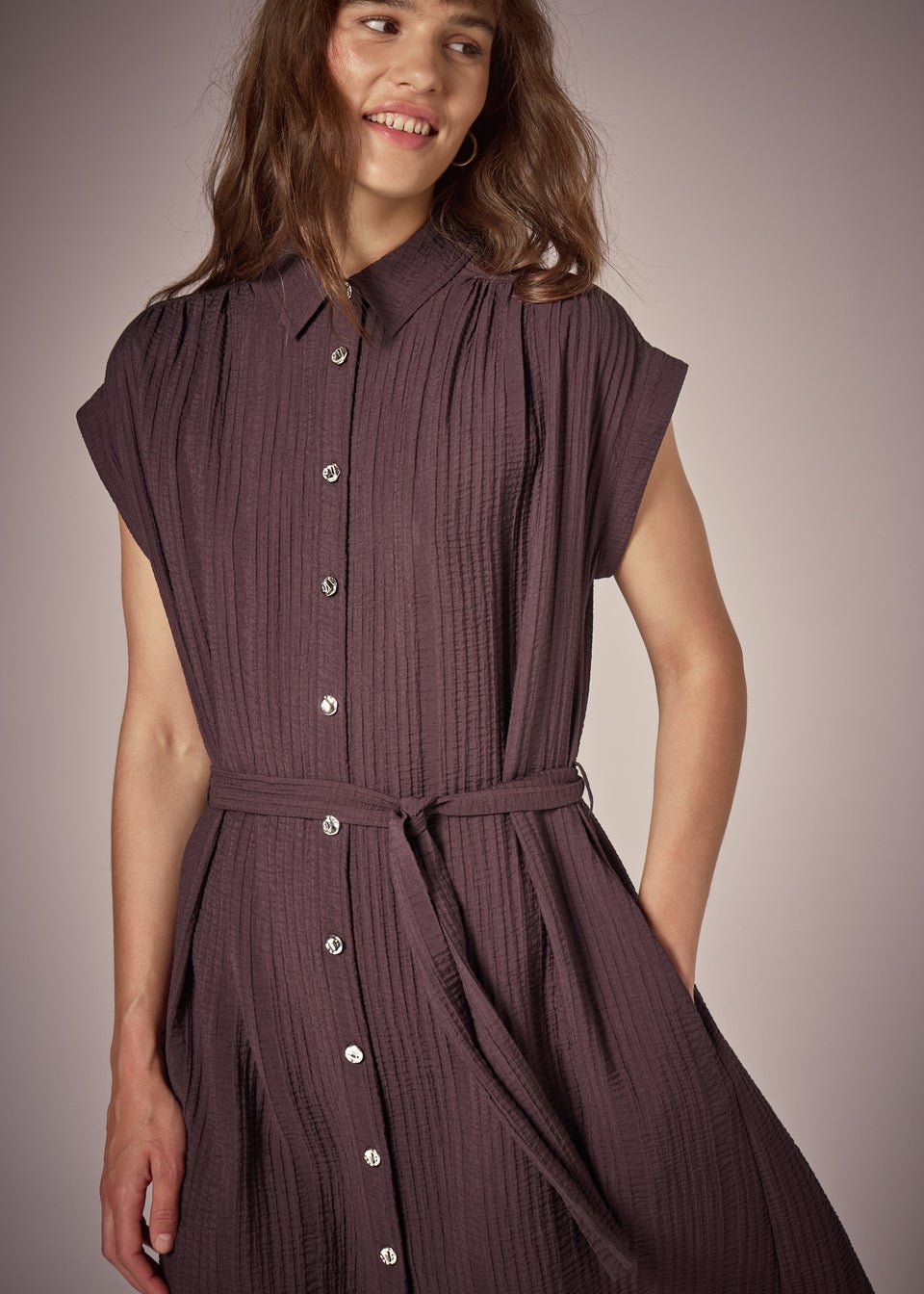 Et Vous Brown Textured Midi Shirt Dress
