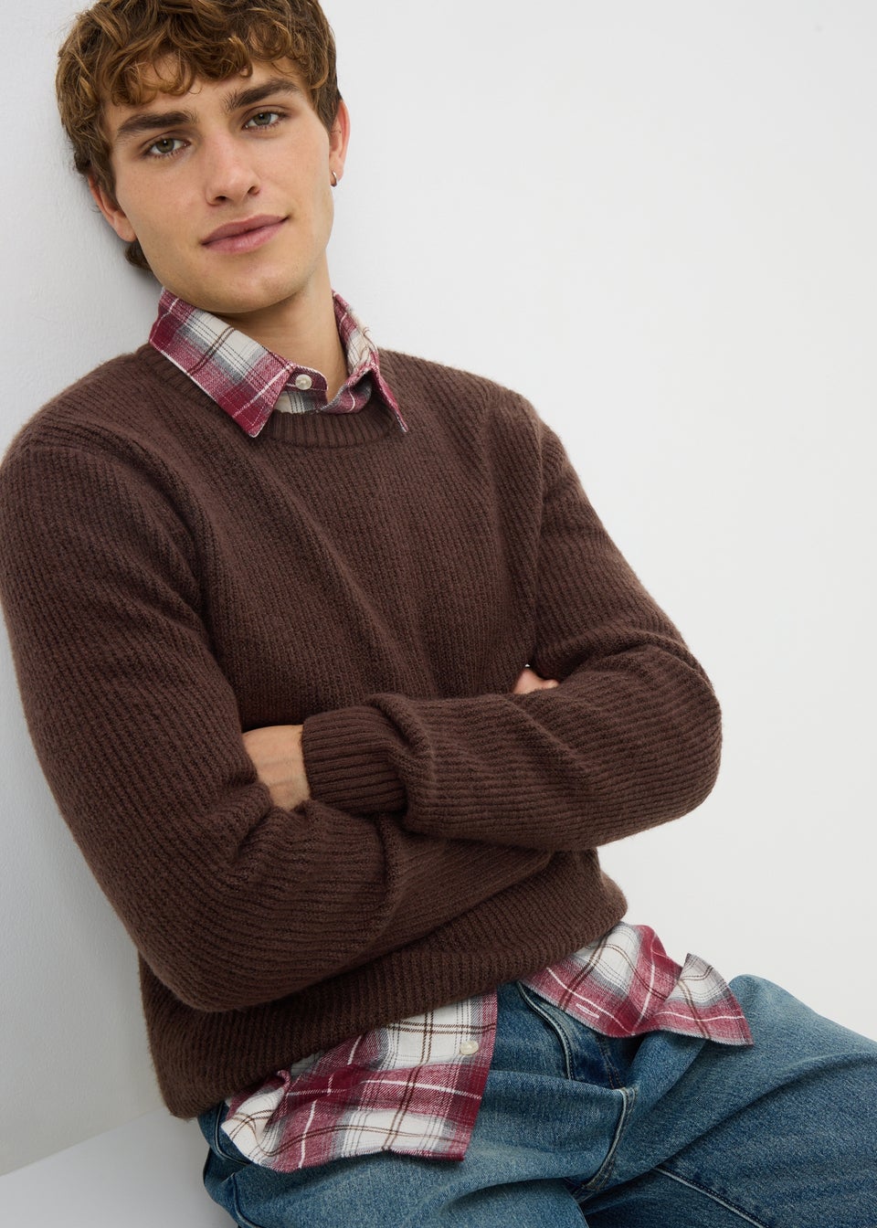 Brown Ribbed Crew Neck Jumper