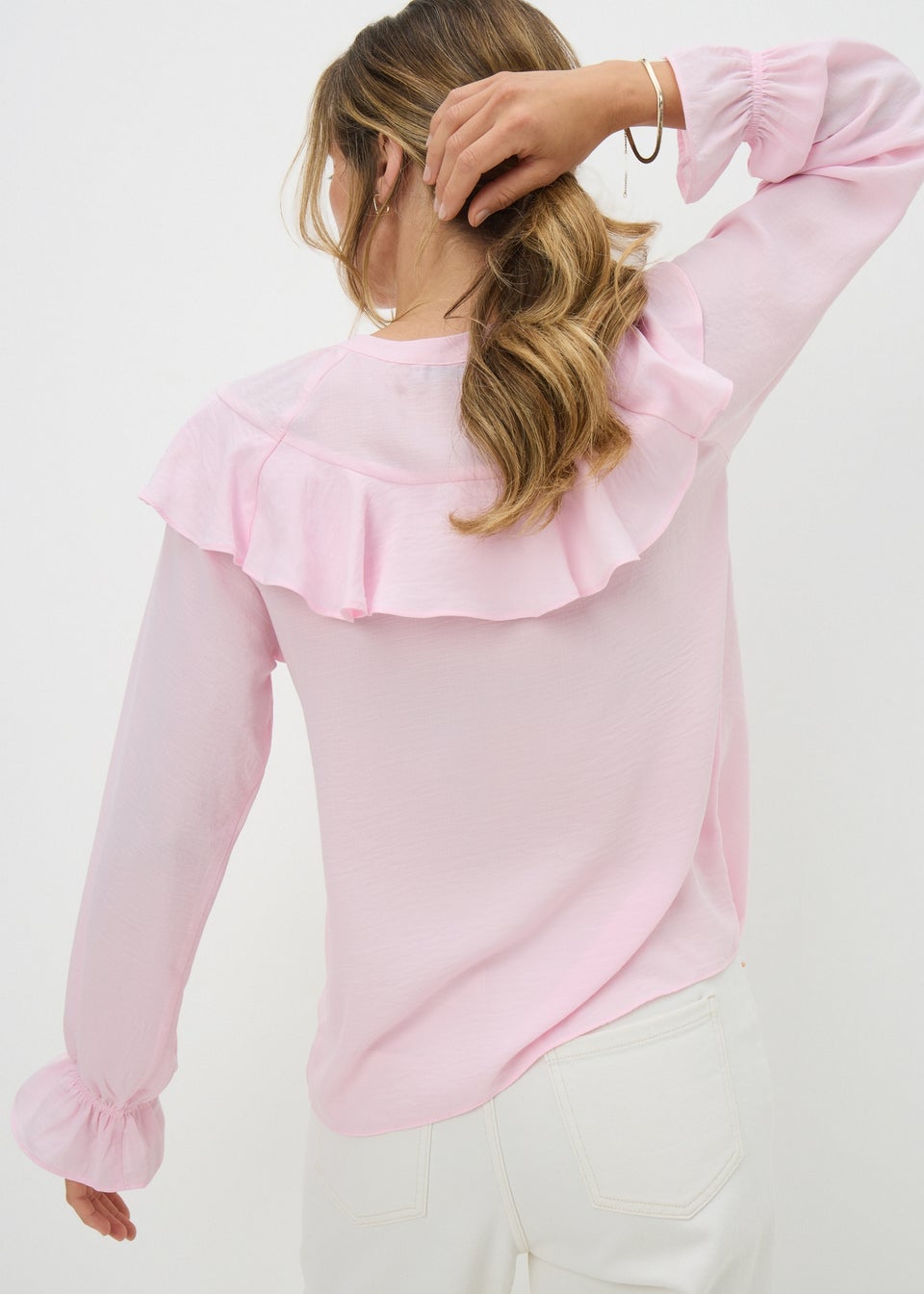 Pale Pink Ruffle Tie Neck Blouse