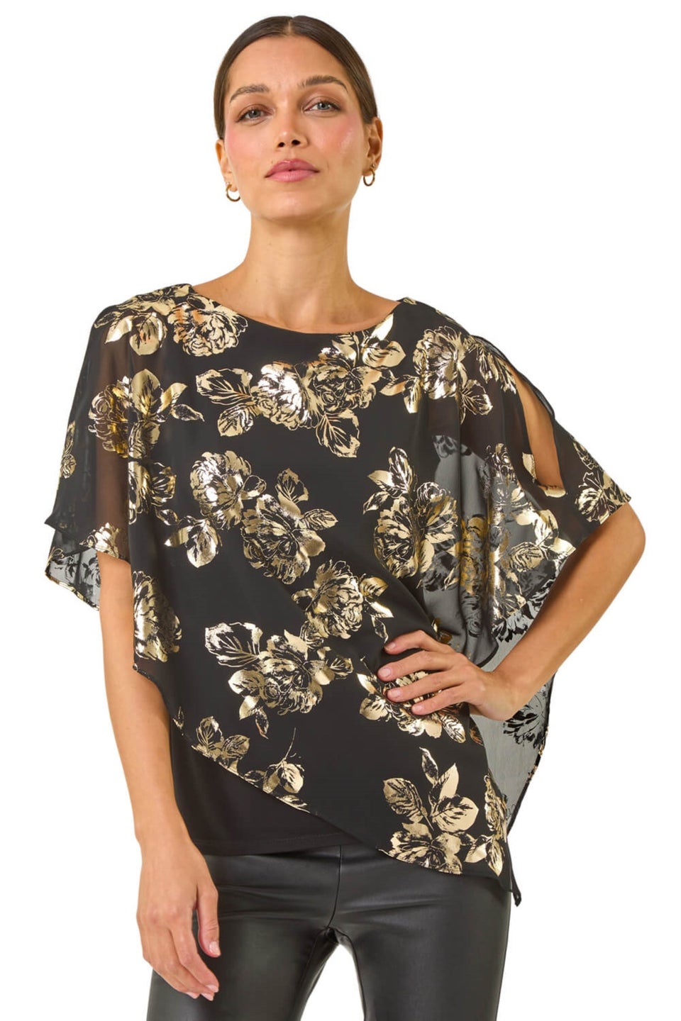 Roman Gold Floral Foil Asymmetric Overlay Top