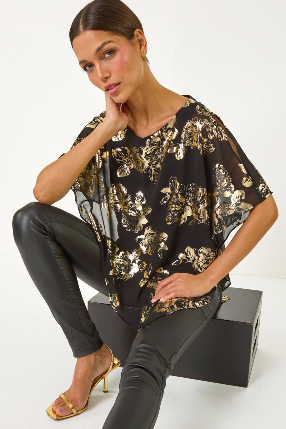 Roman Gold Floral Foil Asymmetric Overlay Top