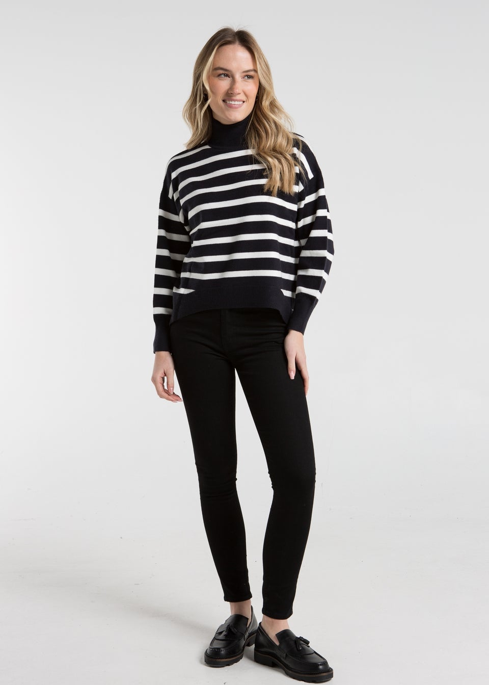 French Connection Navy Oversized High Neck Striped Jumper