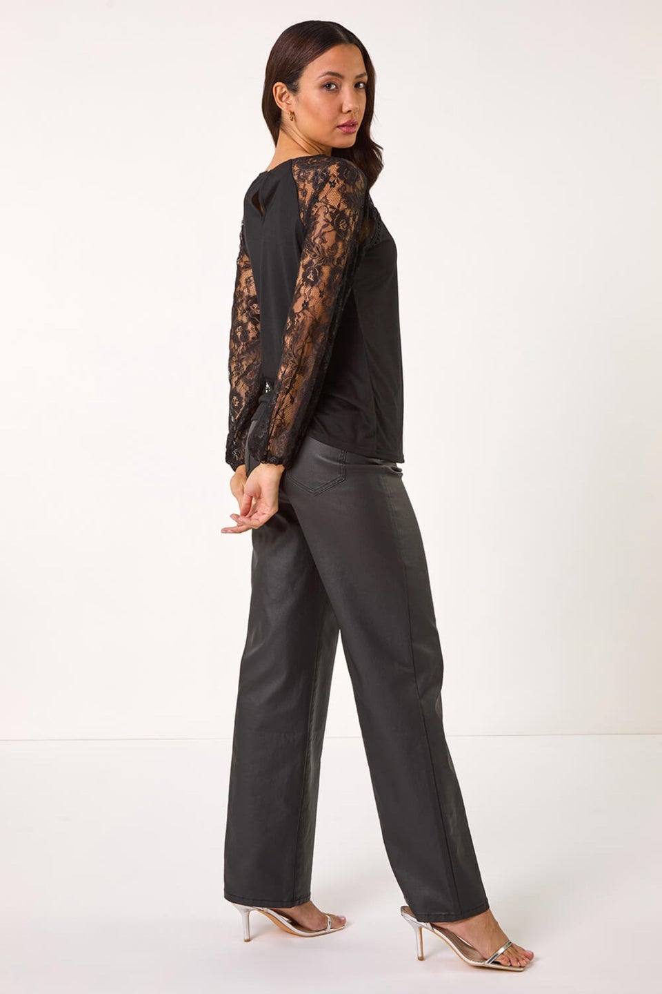Roman Black Lace Sleeve Stretch Tunic Top