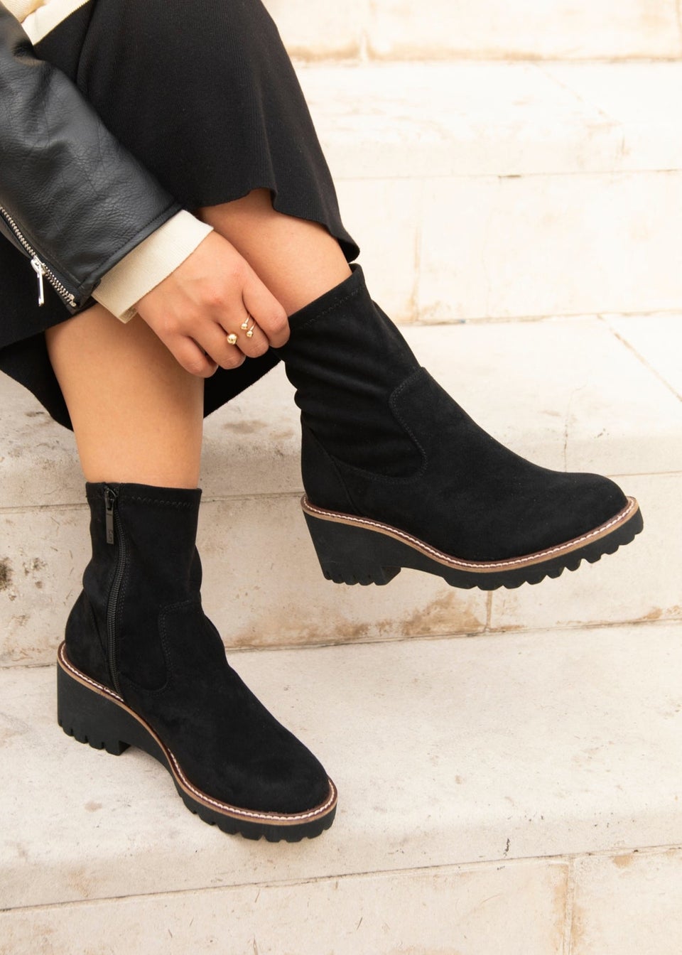 Linzi Trish Black Faux Suede Wedged Heel Ankle Boot