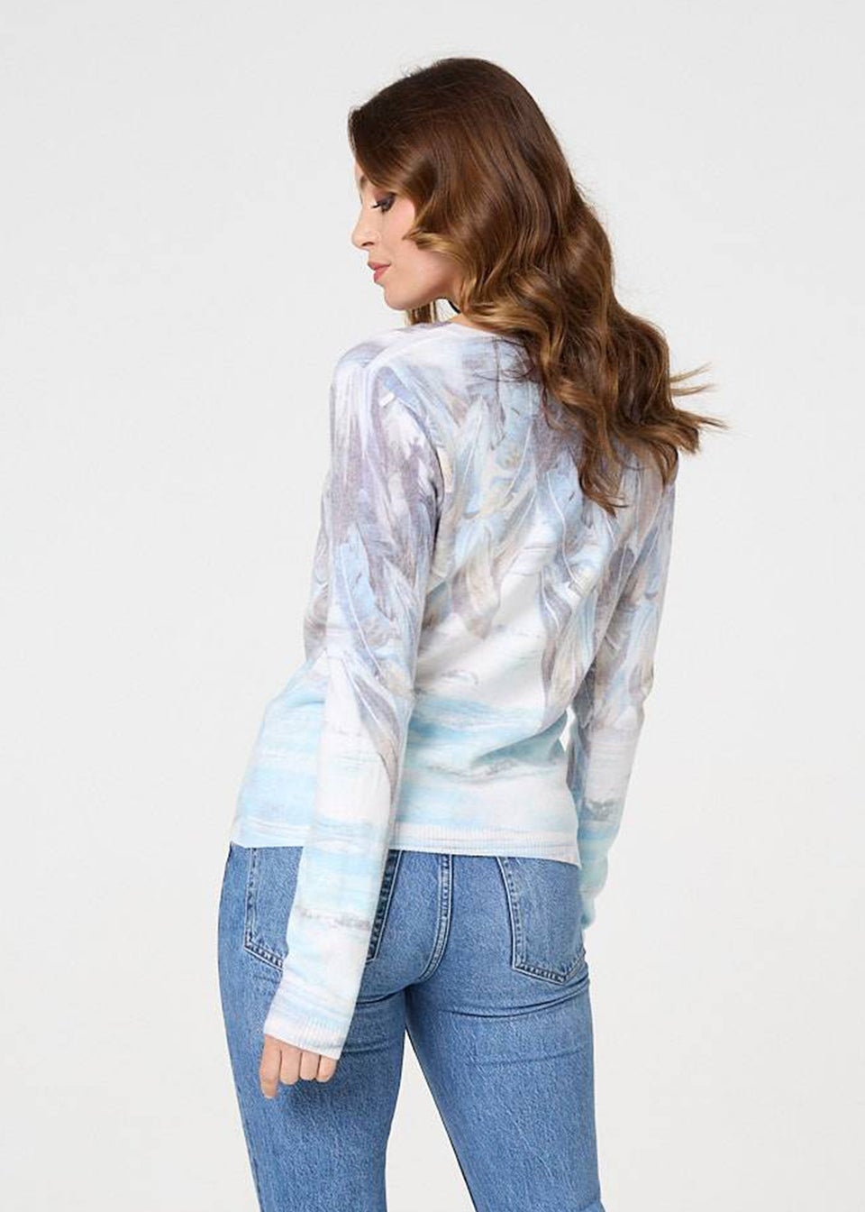 Izabel London Blue Feather Print Long Sleeve Knit Top