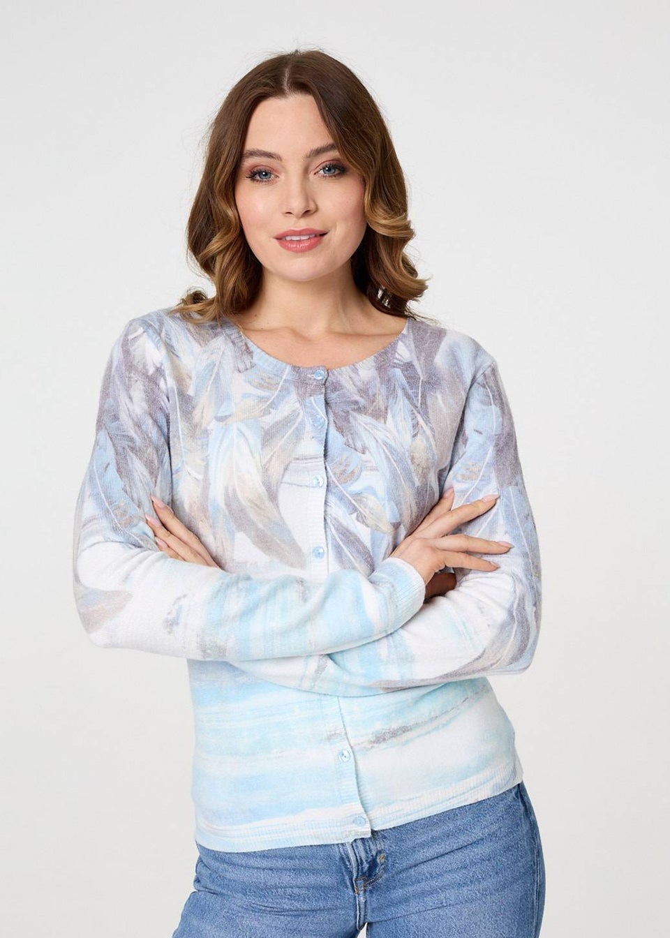 Izabel London Blue Feather Print Long Sleeve Knit Top
