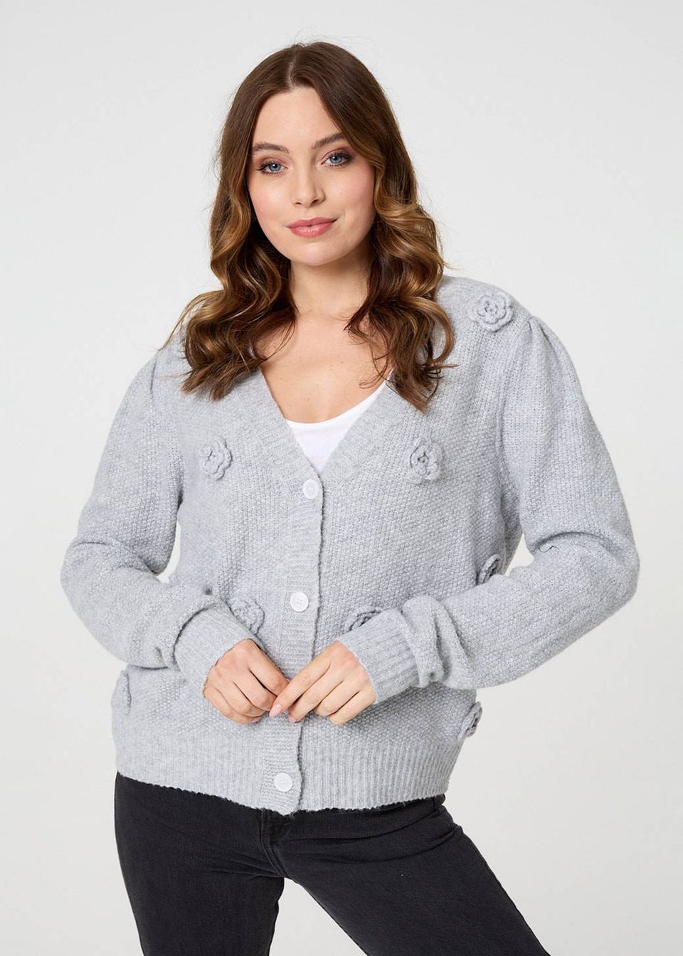 Izabel London Grey Floral Embroidered Cropped Cardigan