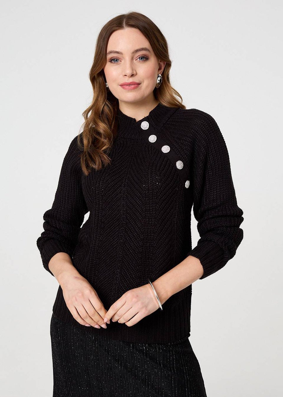 Izabel London Black Textured Knit Button Detail Jumper