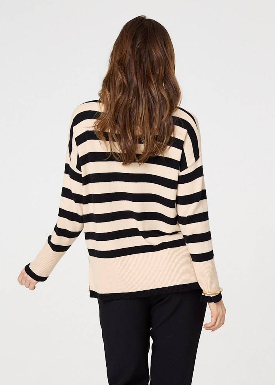 Izabel London Beige Striped Relaxed Roll Neck Jumper