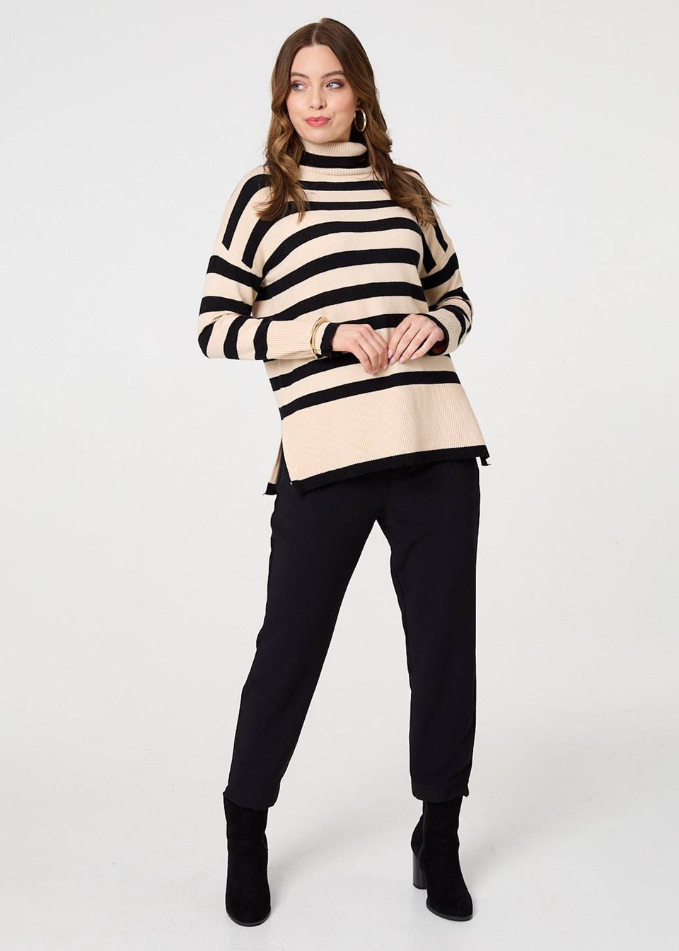 Izabel London Beige Striped Relaxed Roll Neck Jumper