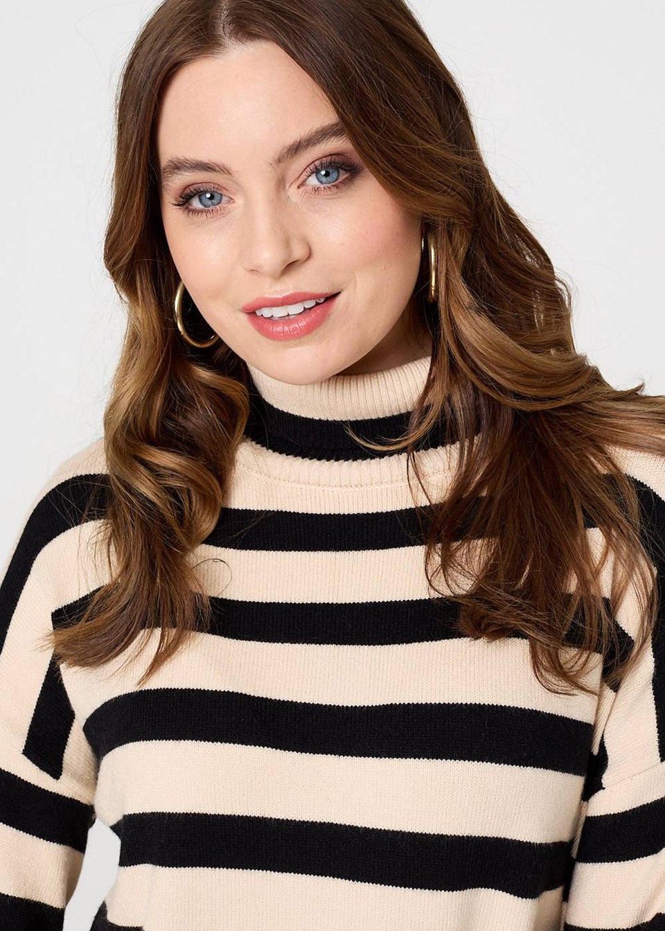 Izabel London Beige Striped Relaxed Roll Neck Jumper