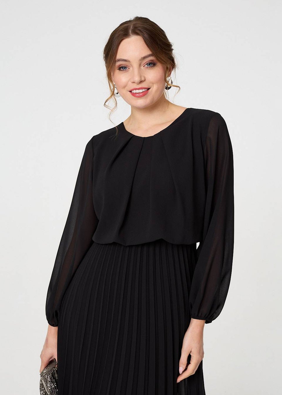 Izabel London Black Semi Sheer Pleat Long Sleeve Midi Dress Matalan