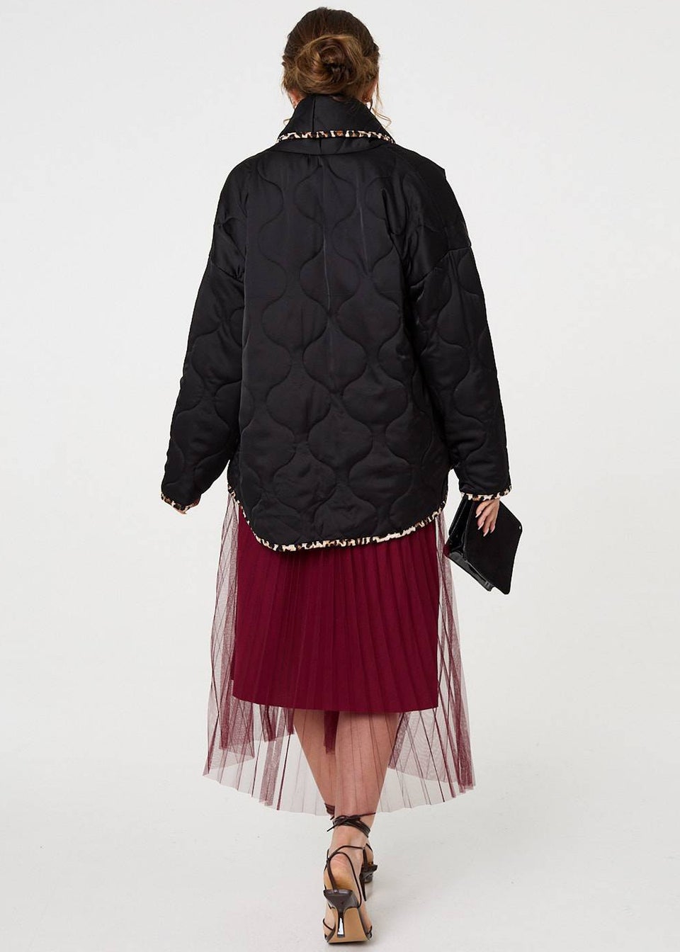 Izabel London Black Animal Print Trim Open Front Padded Coat