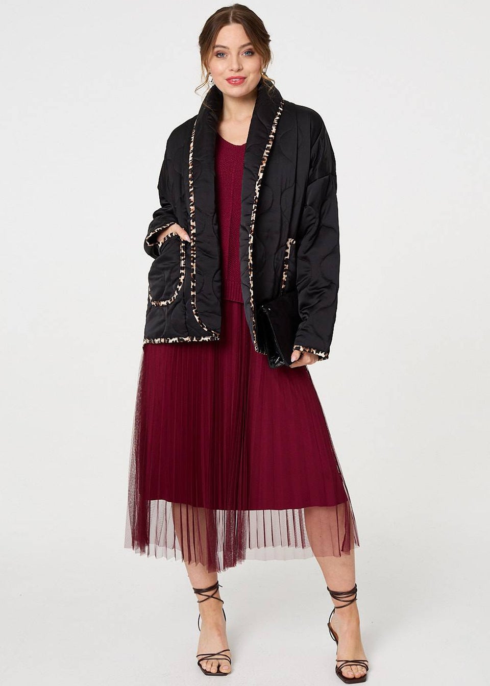 Izabel London Black Animal Print Trim Open Front Padded Coat
