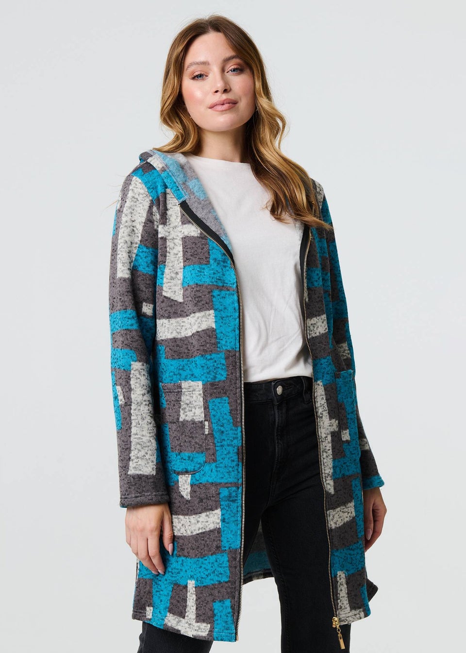Izabel London Grey Geo Print Hooded Longline Zip-Up Jacket