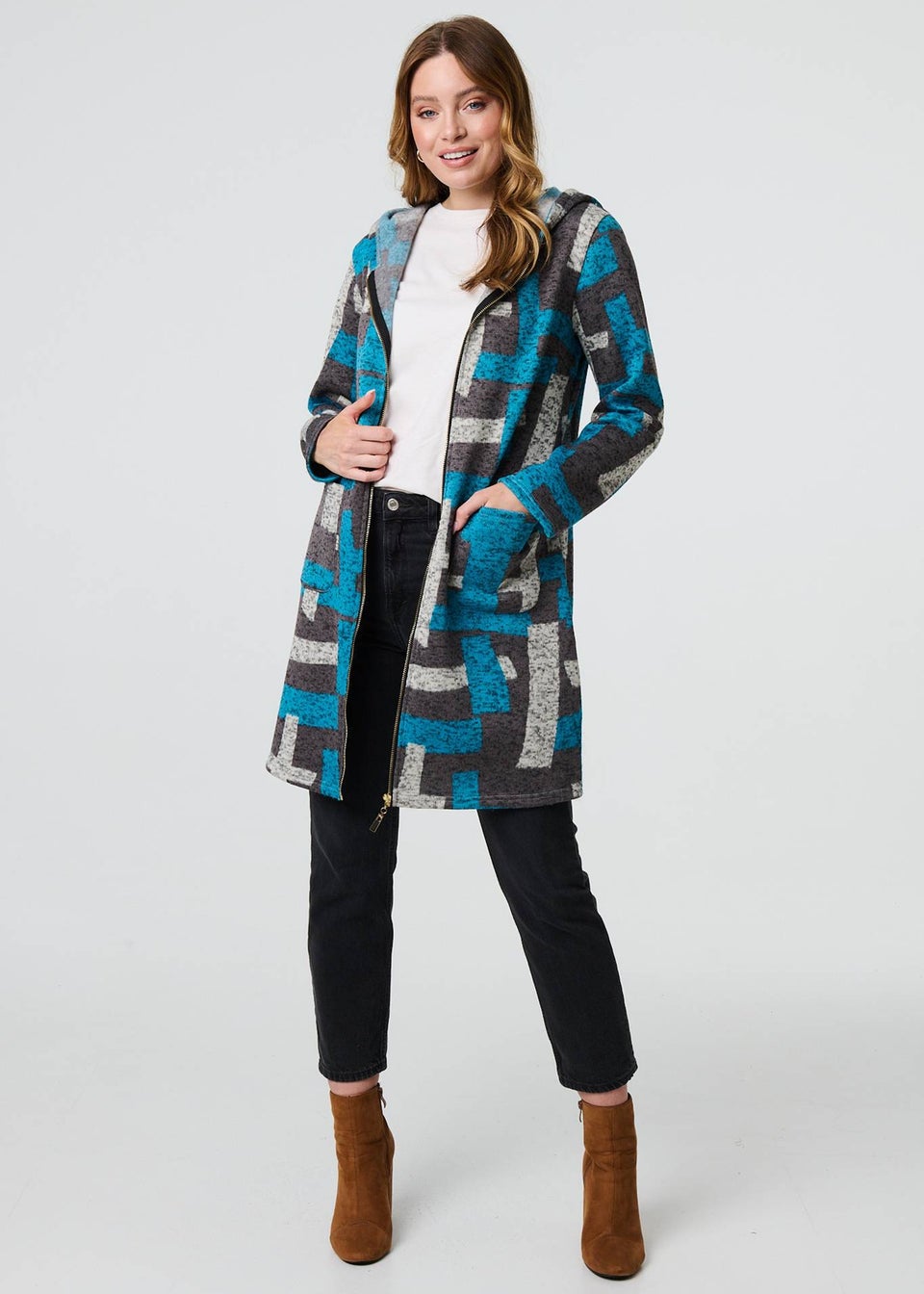 Izabel London Grey Geo Print Hooded Longline Zip-Up Jacket