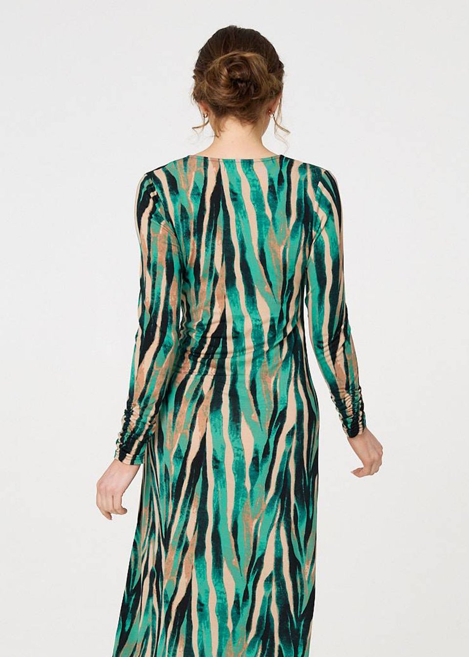 Izabel London Green Abstract Print Ruched V-Neck Midi Dress