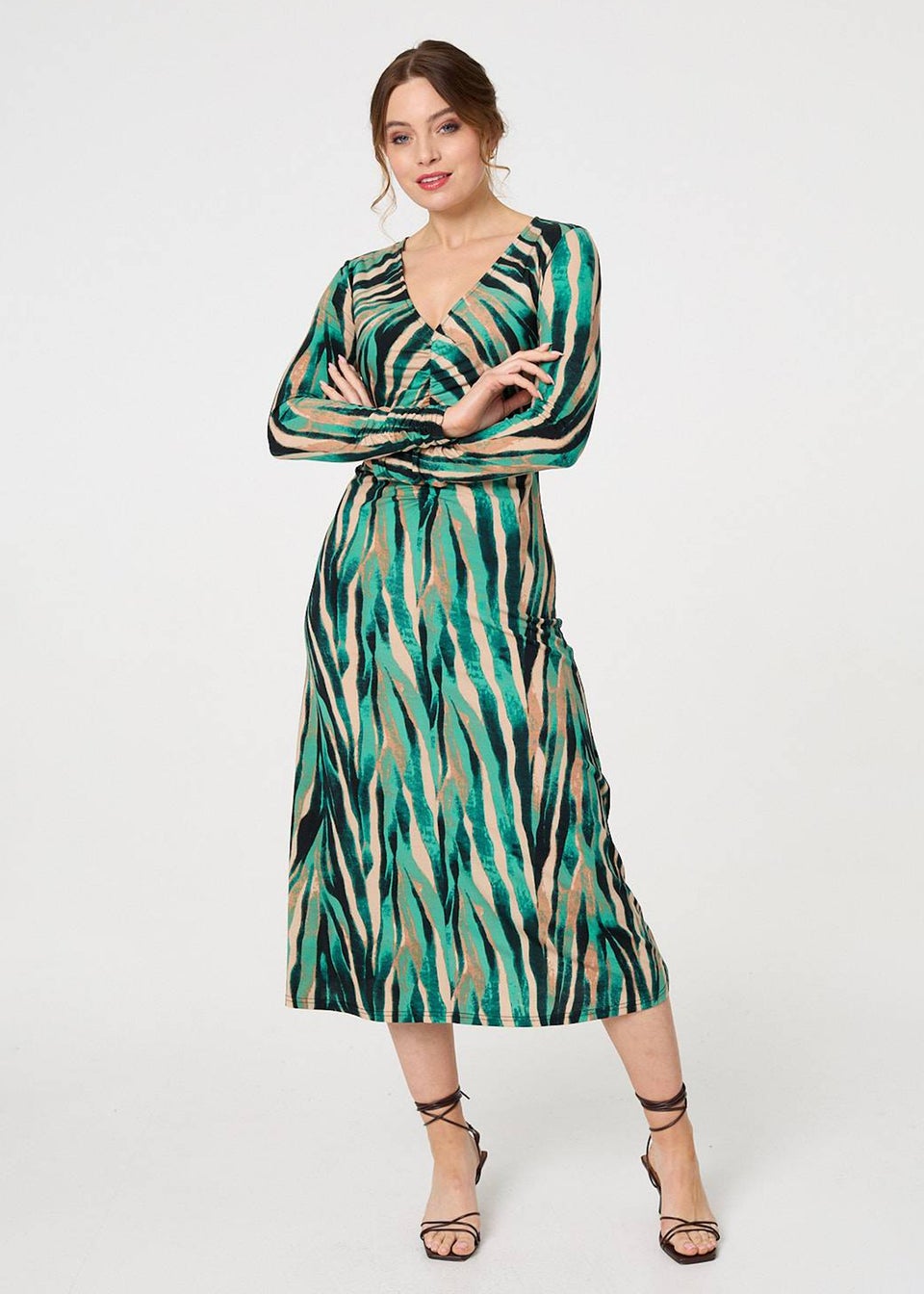 Izabel London Green Abstract Print Ruched V-Neck Midi Dress