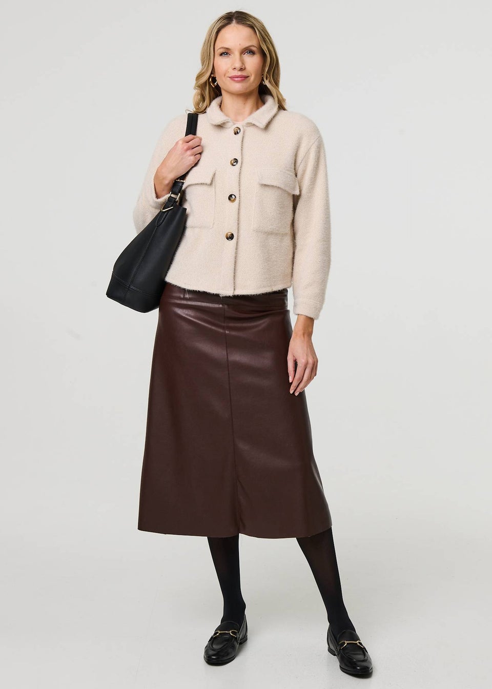 Izabel London Beige Flannel Cropped Pocket Front Shacket