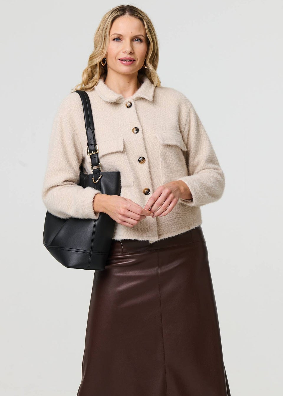 Izabel London Beige Flannel Cropped Pocket Front Shacket
