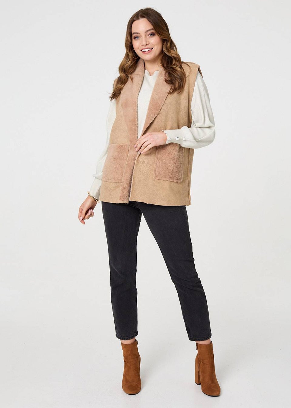 Izabel London Brown Faux Fur Lined Suede Pocket Front Vest