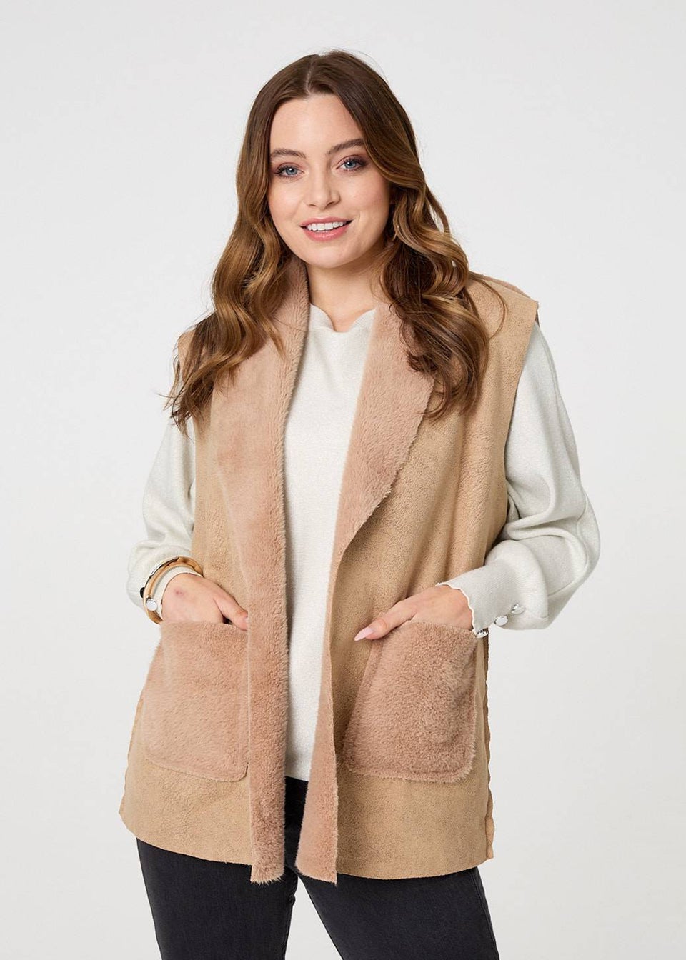 Izabel London Brown Faux Fur Lined Suede Pocket Front Vest