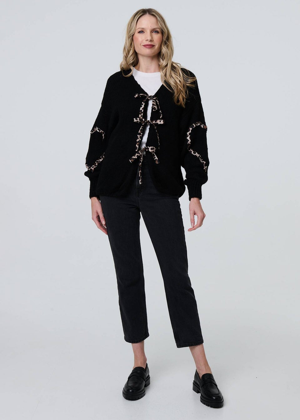 Izabel London Black Animal Print Trim Tie Front Cardigan