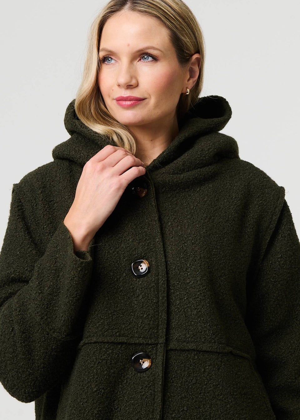 Izabel London Khaki Knitted Button Detail Hooded Jacket