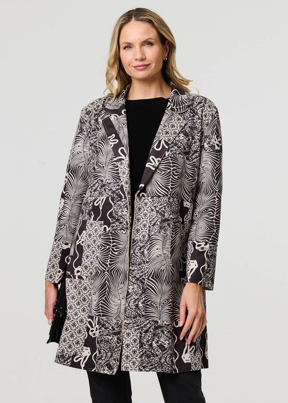 Izabel London Grey Patchwork Print Longline Blazer Jacket