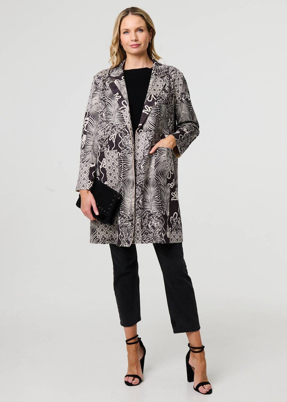 Izabel London Grey Patchwork Print Longline Blazer Jacket