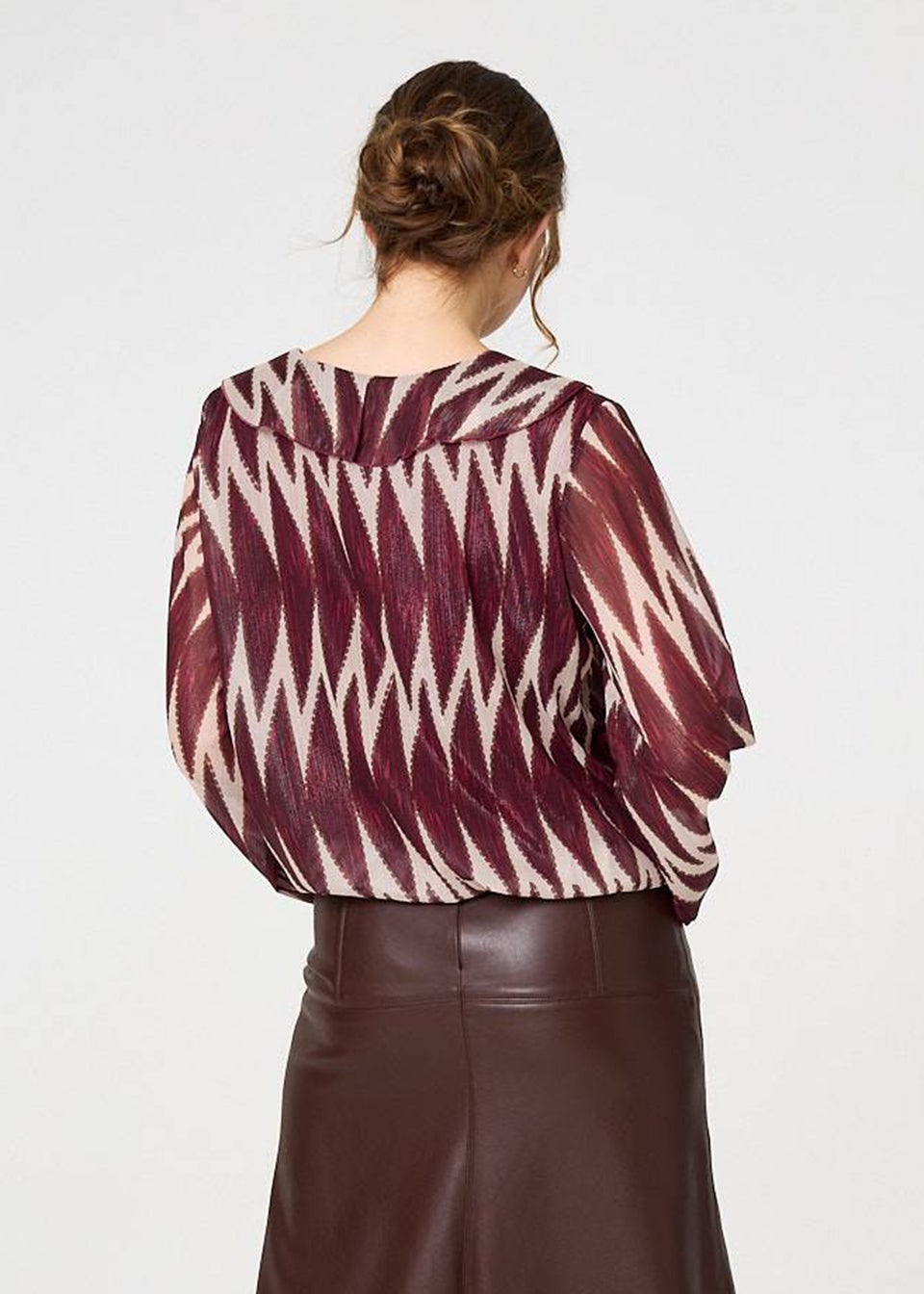 Izabel London Burgundy Printed Semi Sheer Ruffled V-Neck Blouse