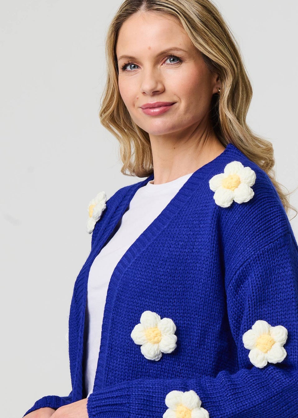 Izabel London Blue Floral Crochet Embellished Wrap Cardigan