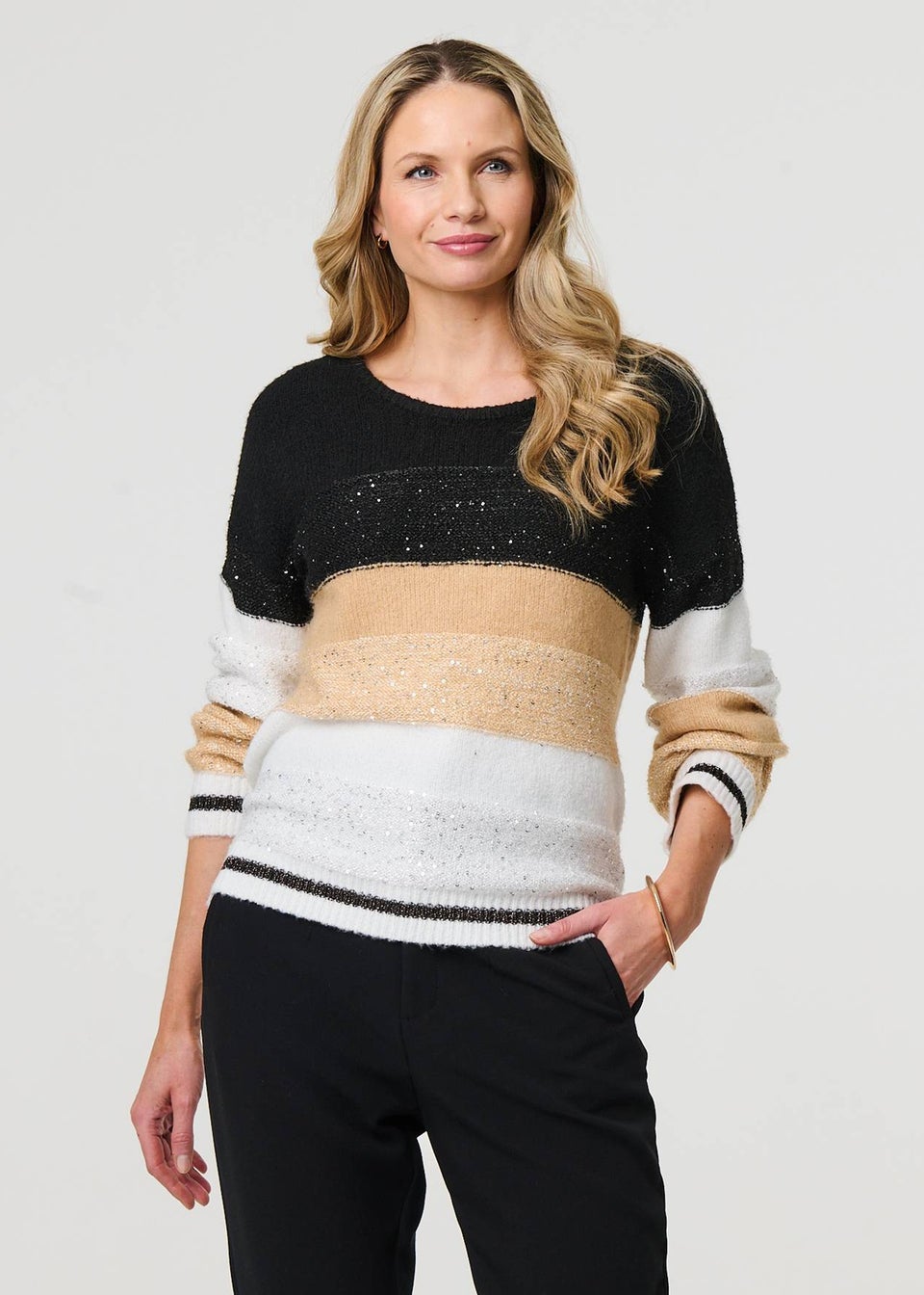 Izabel London Beige Colour Block Drop Shoulder Knit Jumper