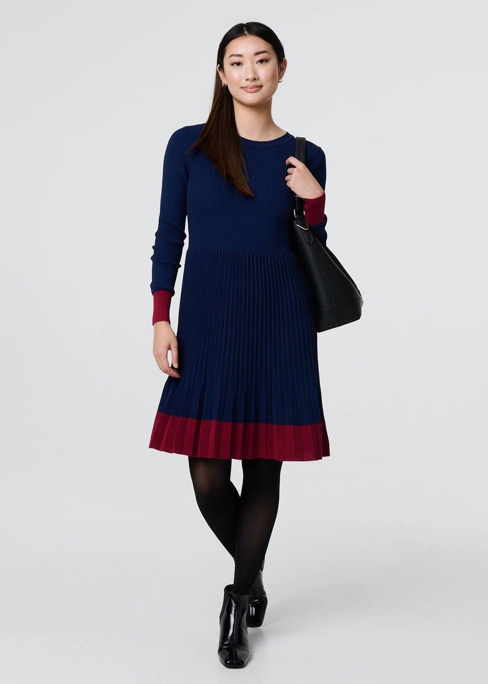 Izabel London Navy Colour Block Tie Neck Short Jumper Dress