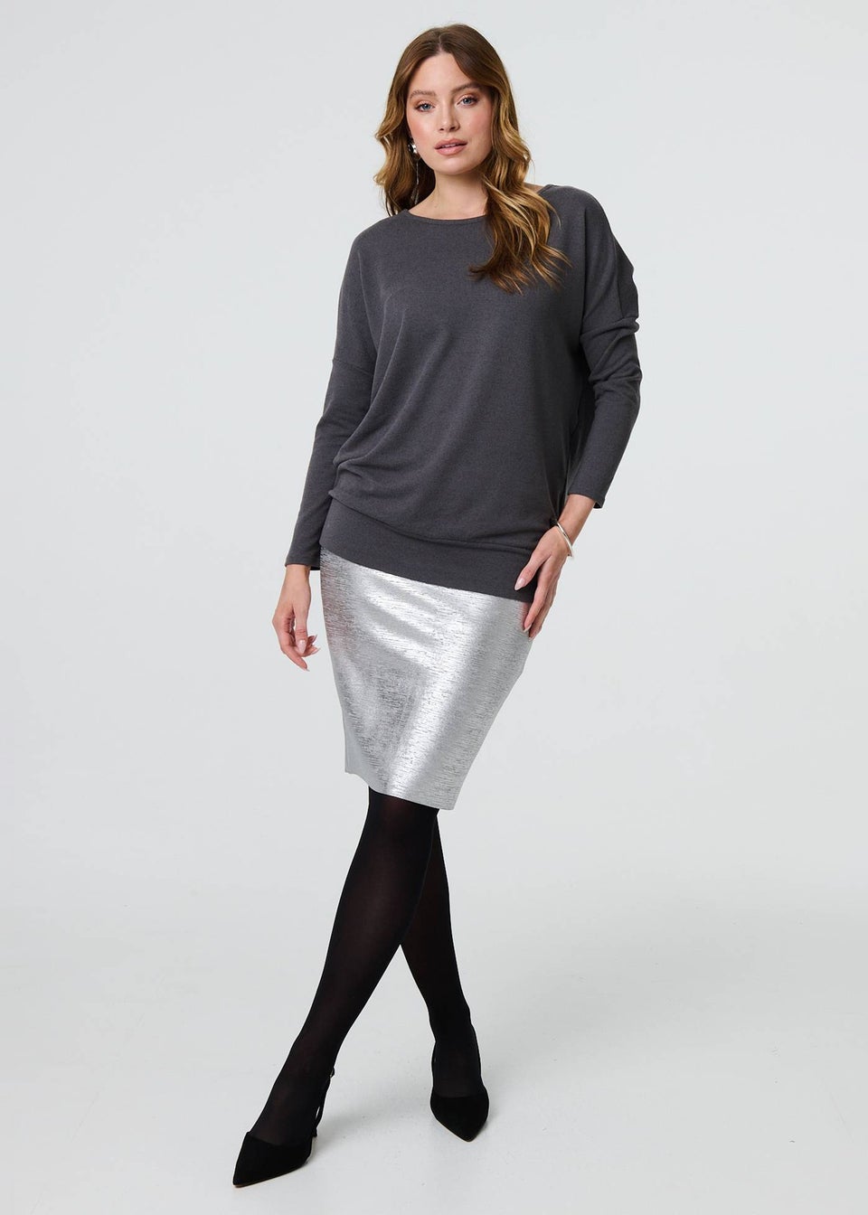 Izabel London Grey Drop Shoulder Relaxed Knit Top