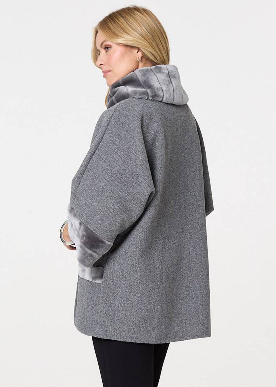 Izabel London Grey Faux Fur Trim Cape Coat