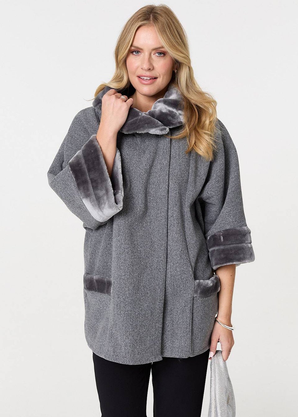 Izabel London Grey Faux Fur Trim Cape Coat