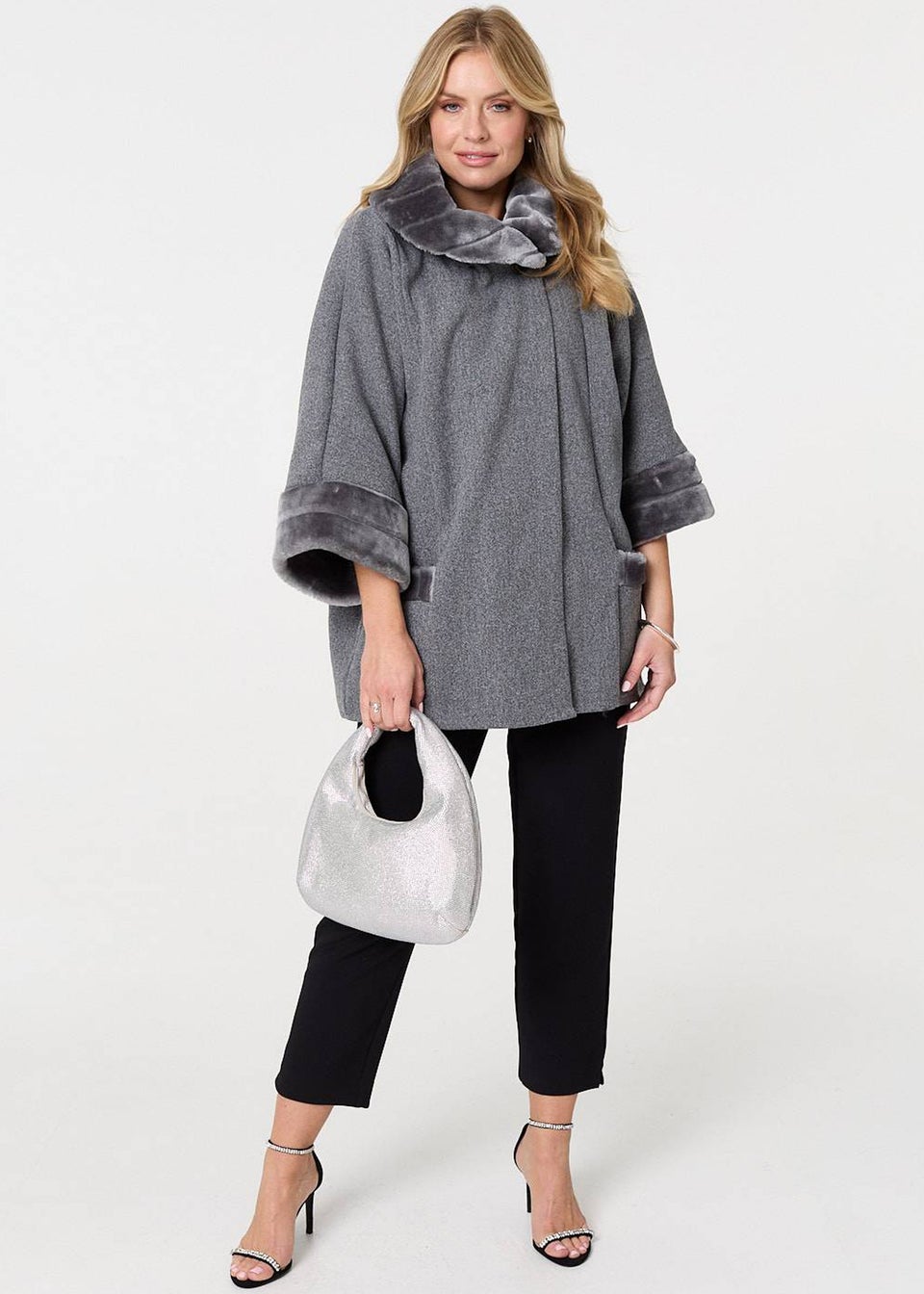 Izabel London Grey Faux Fur Trim Cape Coat