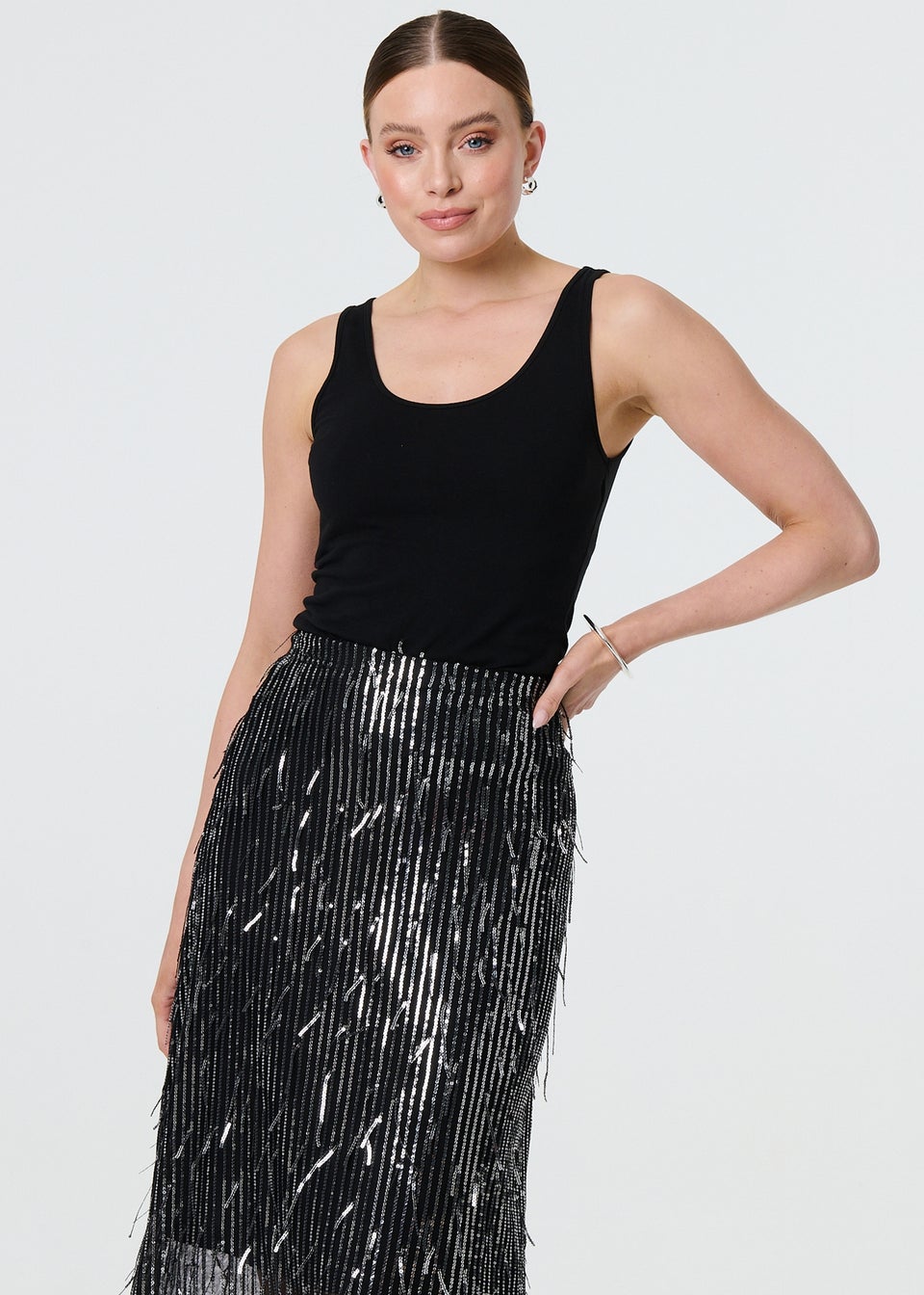 Izabel London Black Sparkly Striped Mesh Layer Midi Skirt