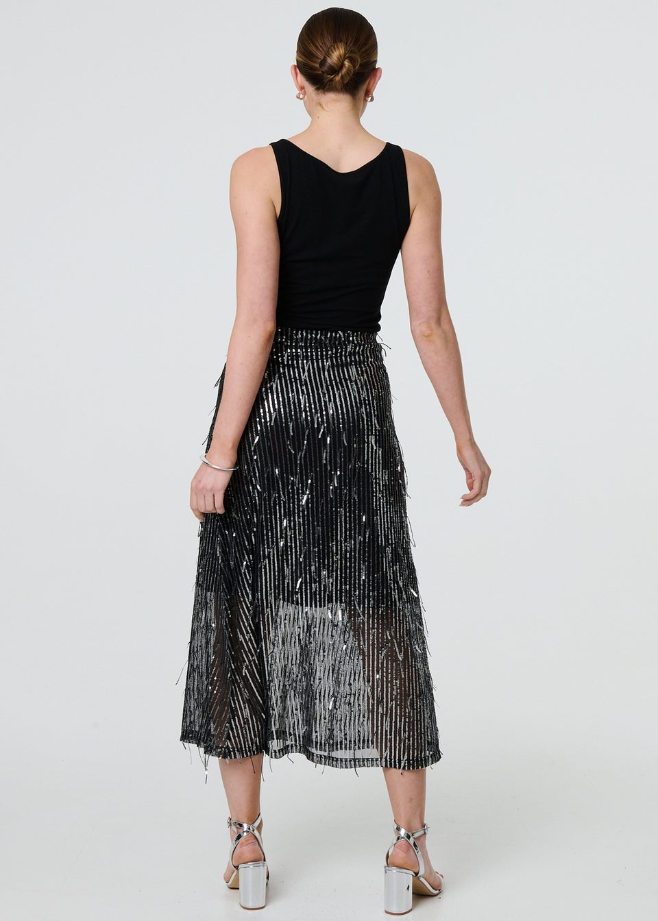 Izabel London Black Sparkly Striped Mesh Layer Midi Skirt