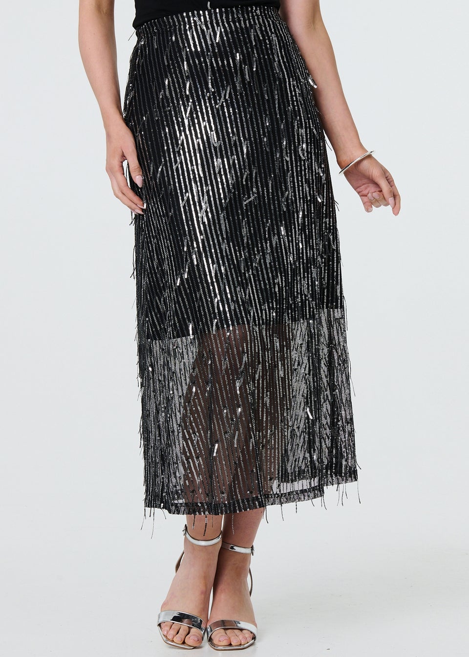 Izabel London Black Sparkly Striped Mesh Layer Midi Skirt