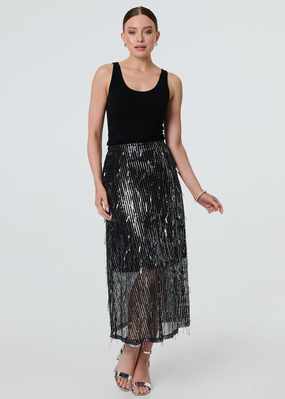 Izabel London Black Sparkly Striped Mesh Layer Midi Skirt