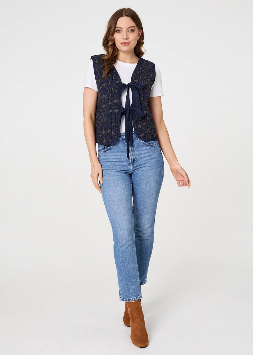 Izabel London Blue Animal Print Sleeveless Tie front Vest