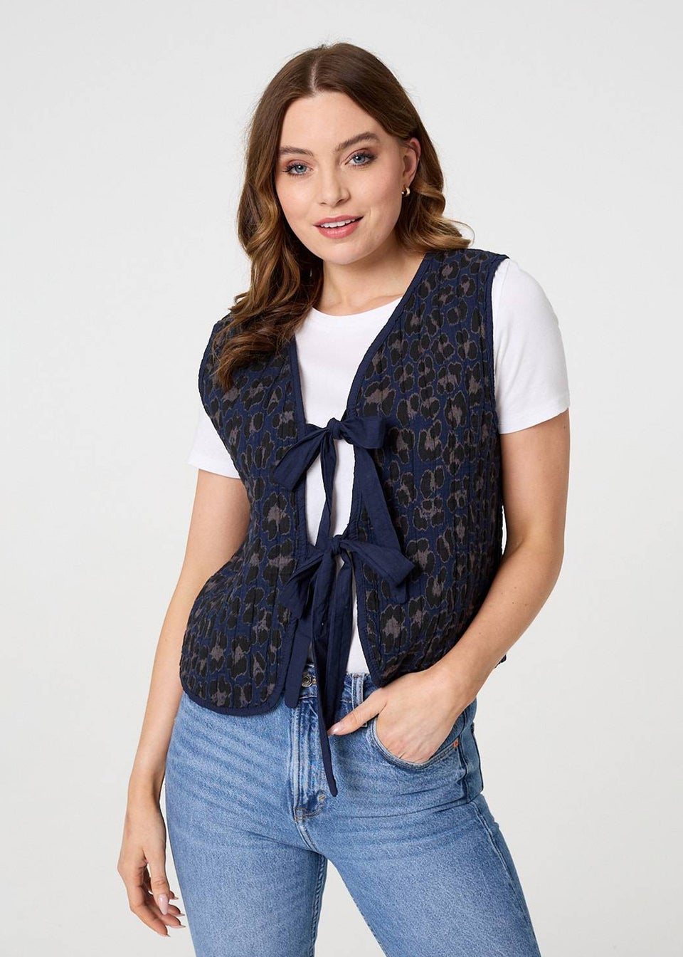 Izabel London Blue Animal Print Sleeveless Tie front Vest
