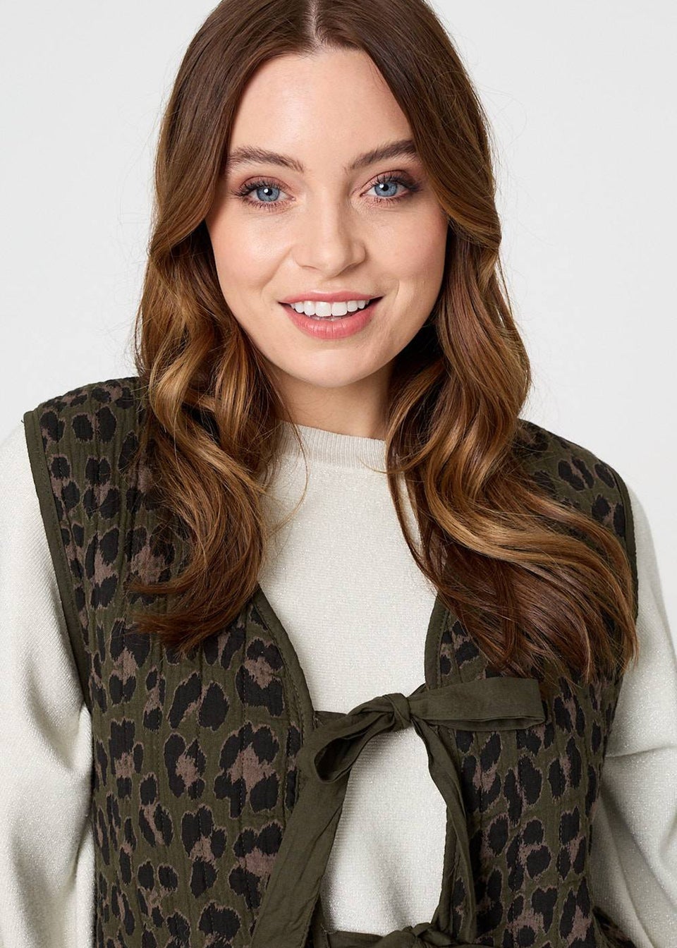 Izabel London Khaki Animal Print Sleeveless Tie front Vest
