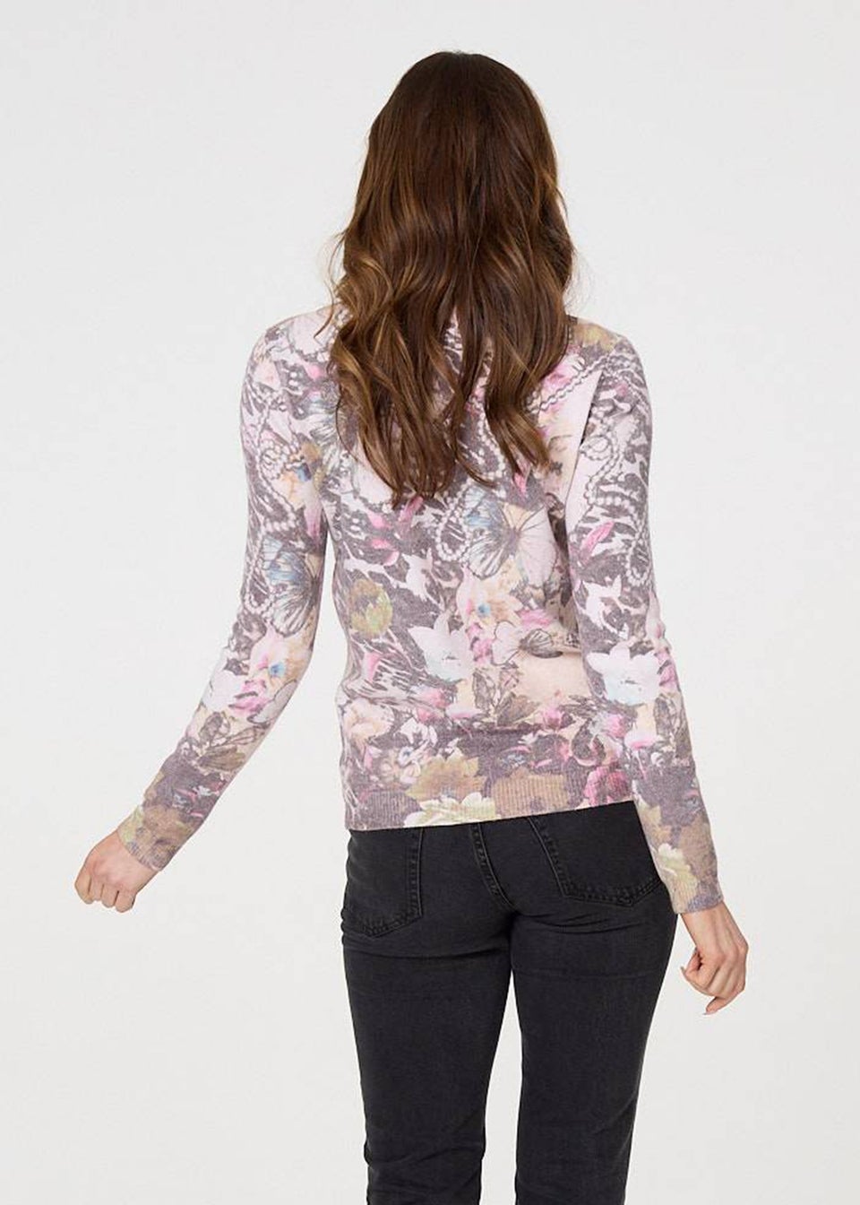Izabel London Beige Butterfly Print Long Sleeve Knit Top